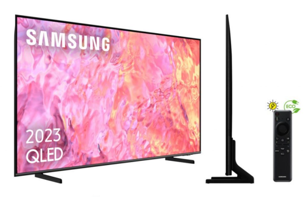 Closer look at the Samsung 43Q64C TV with its stand and remote control