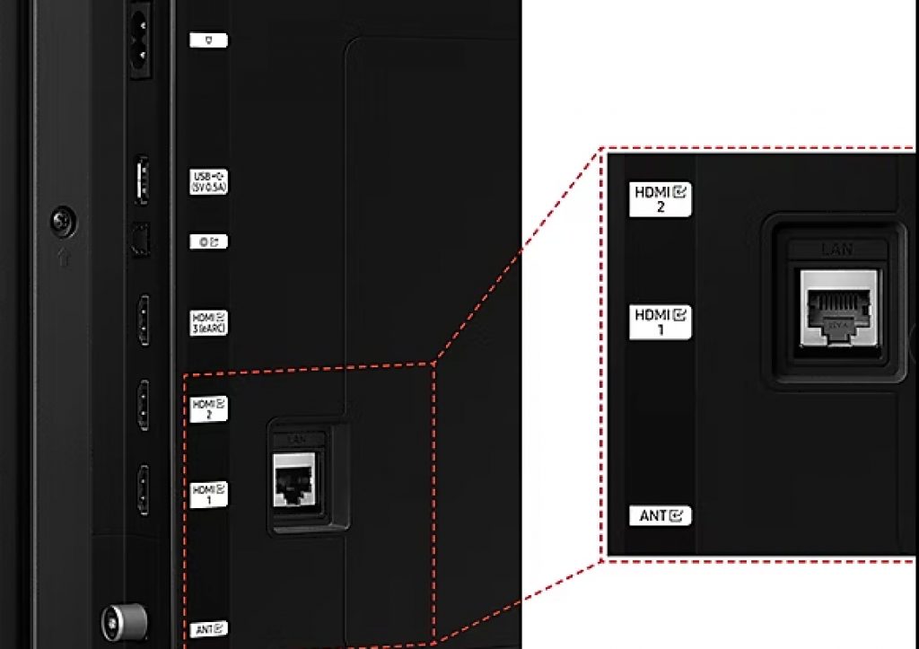 Zoom to the connectors of the Samsung TV Crystal UHD 2023 55CU7105
