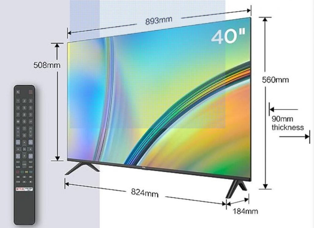 Measurements and 3/4 view of the television