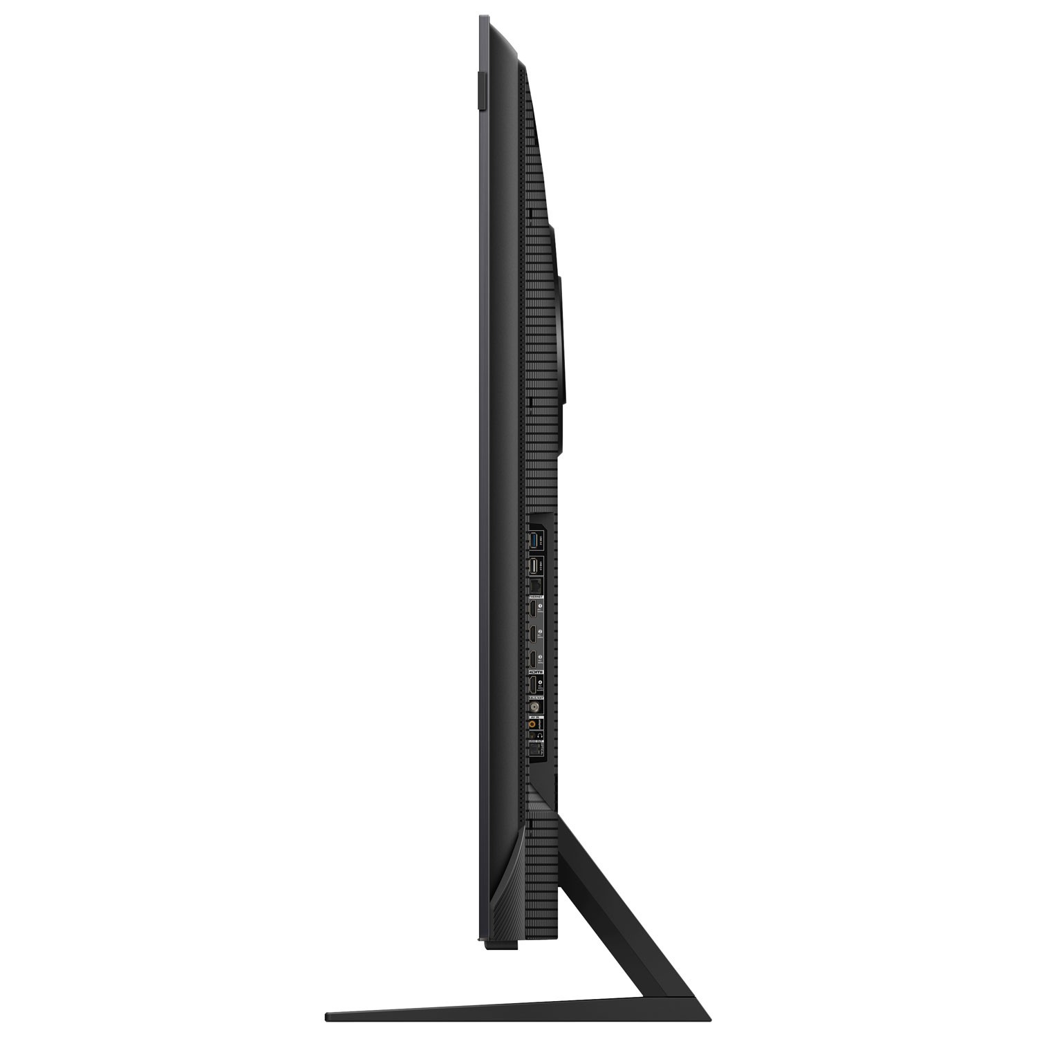 The TCL QM7 has thin bezels on three sides (around 0.8cm) with a slightly thicker bottom bezel and branding near the top-right corner when viewed from the front.