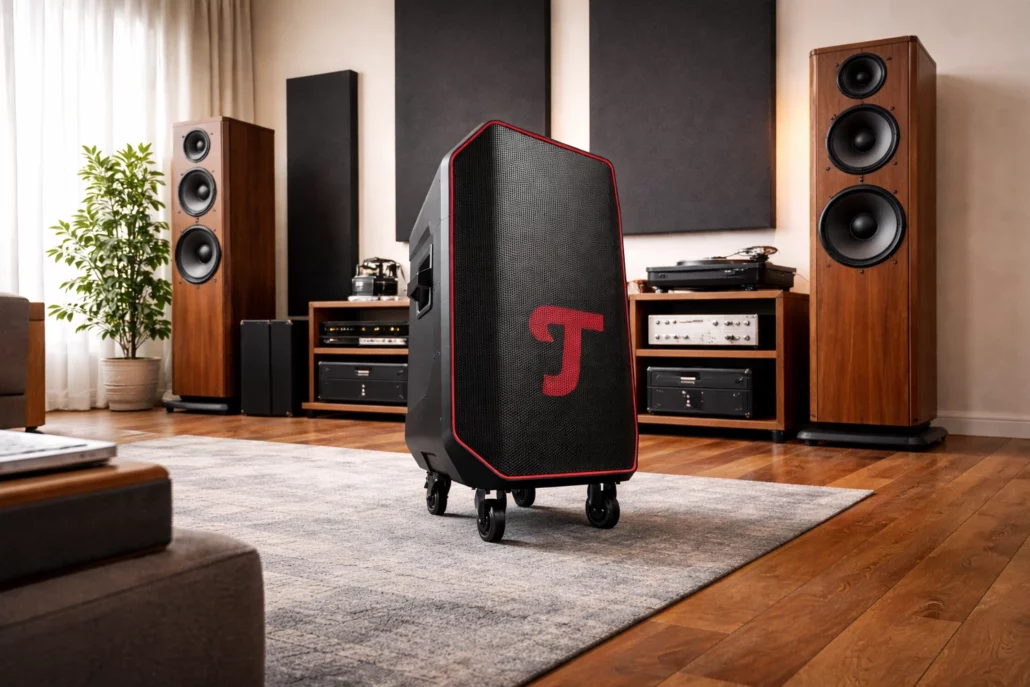 The new Teufel Rockster 2 is a 440W portable party speaker with deep 36 Hz bass, DMX light control, built-in DJ mixer, dual Bluetooth, IPX2 protection, and scalable Party Link stereo. Built for clubs, stages, and outdoor events.