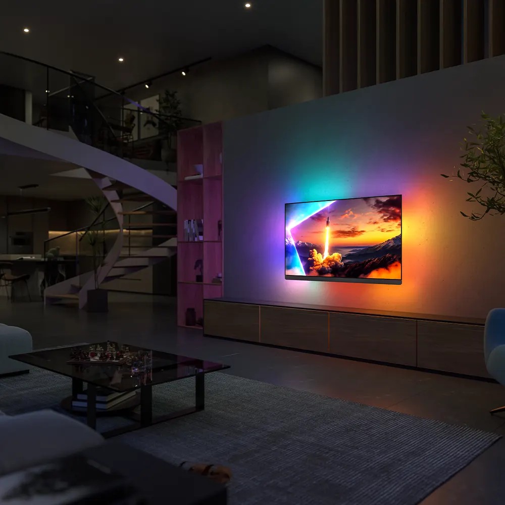 Slim design with a fabric-covered speaker section gives the OLED910 a modern, premium look.