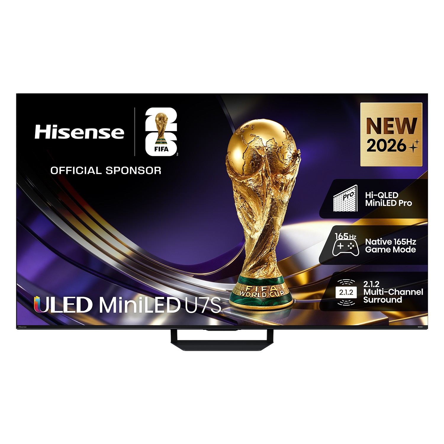The slim-bezel design and premium central stand give the Hisense U7S a modern look that fits easily into contemporary living rooms.