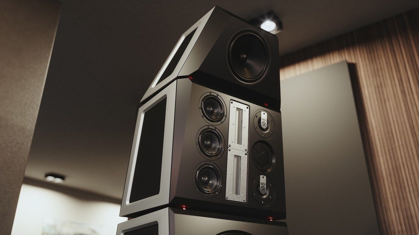 Siltech Symphony three-module floorstanding loudspeaker with large bass section and separated upper driver modules