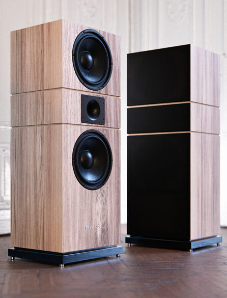 Pylon Amber MKII floorstanding speaker with twin 12-inch woofers and a central Tractrix horn