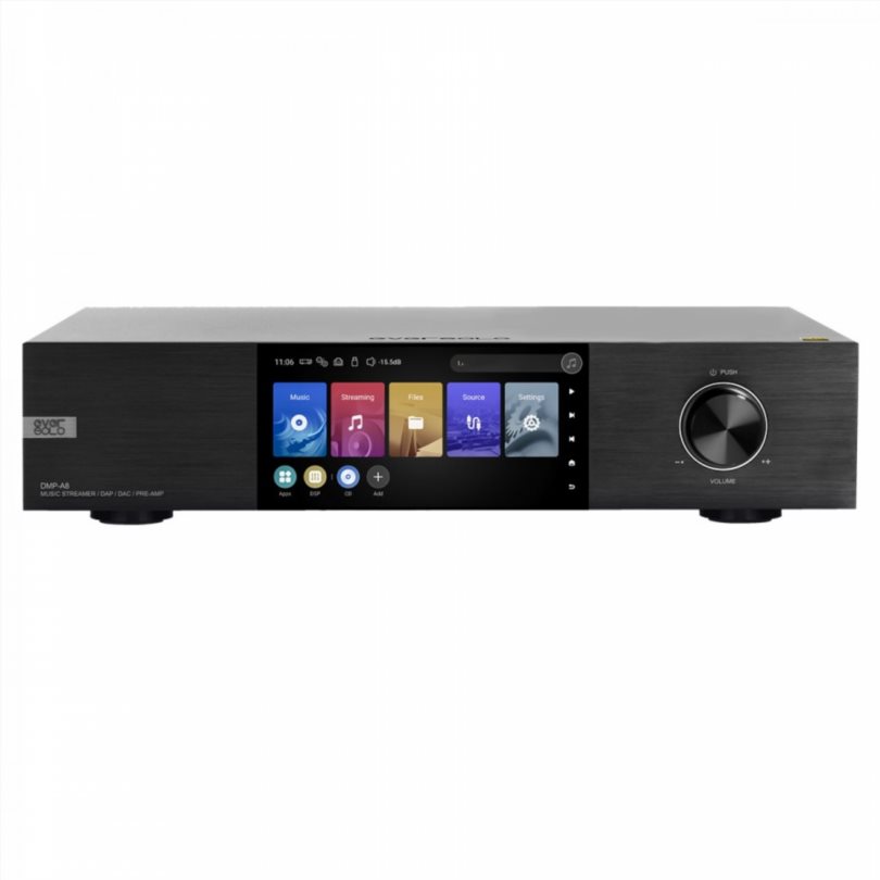 Eversolo DMP-A8: A Network Player, DAC and Preamp Built for Modern Systems 9 Eversolo DMP-A8 network player DAC with front touchscreen in black aluminum chassis