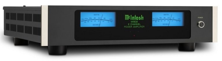 McIntosh MI502 two-channel Class D amplifier with blue wattmeters and black glass front panel