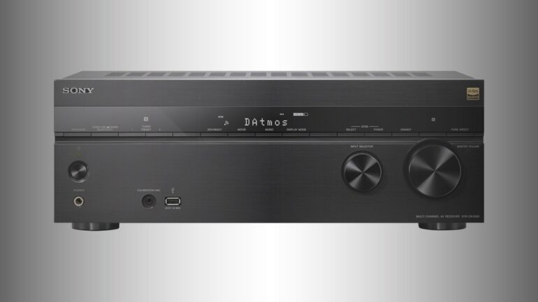 AV receiver connected to Dolby Atmos speakers, HDMI sources, TV eARC, and calibration microphone