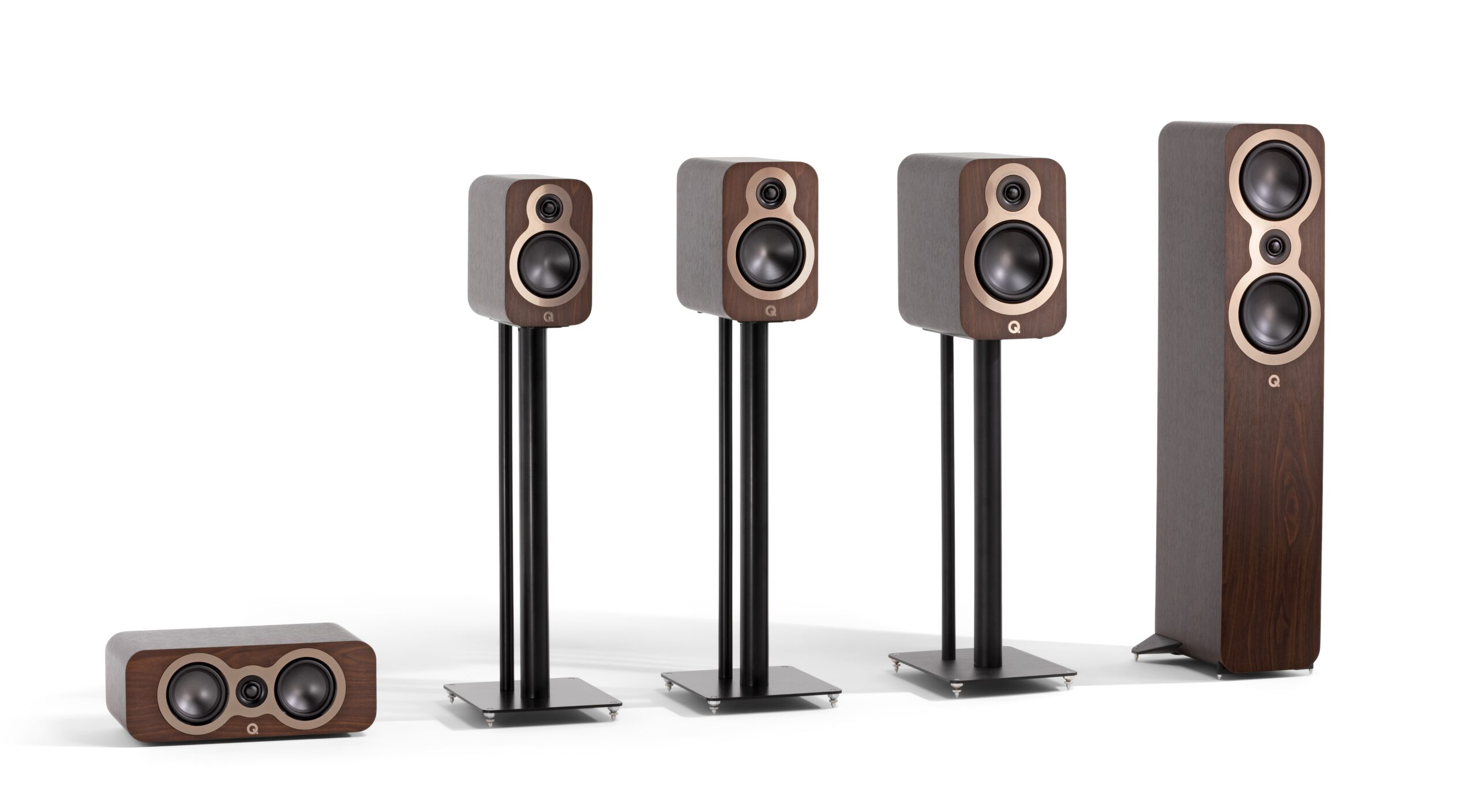 Q Acoustics launches 3000c product line 13 20240508162127 2024 05 08 QAcoustics 3000c series GroupShot ClaroWalnut 8000x4400 scaled