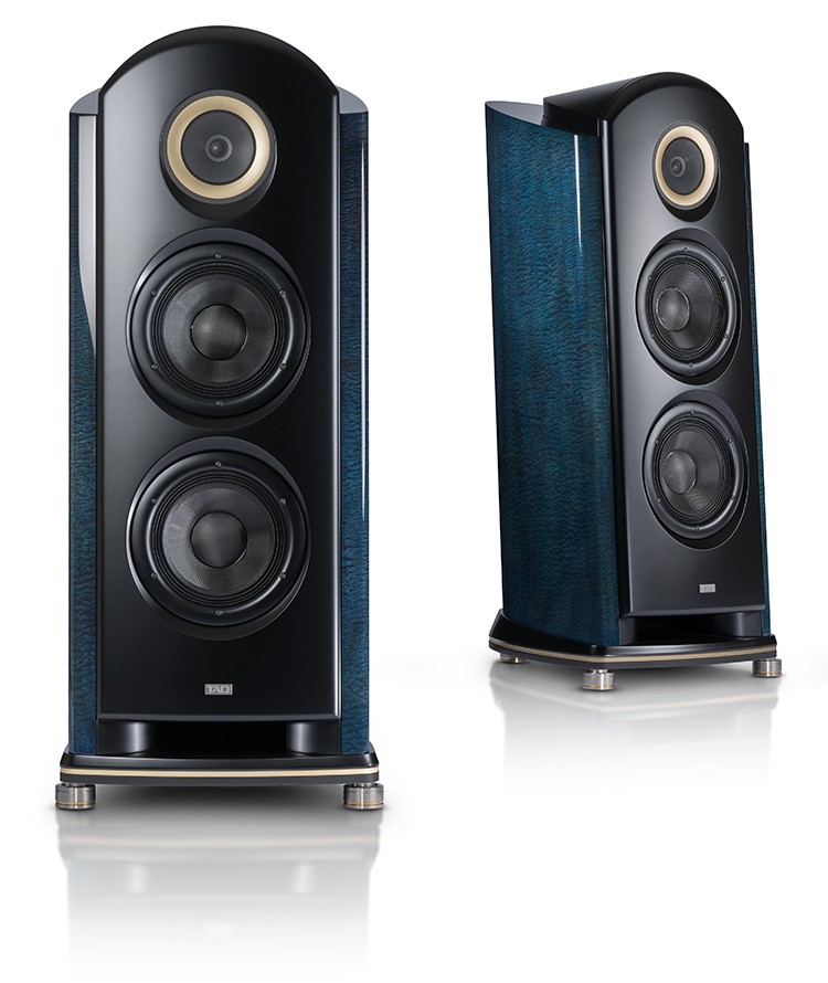 Reference TAD-R1TXLTD floorstanders in Santa Maria aquamarine finish