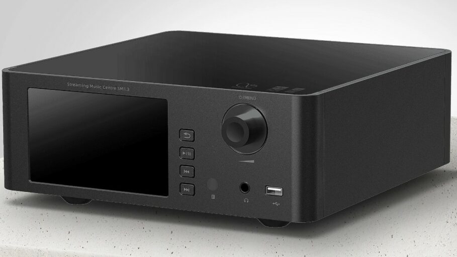 Network music streamer connected to a hi-fi amplifier and home router for high-resolution playback