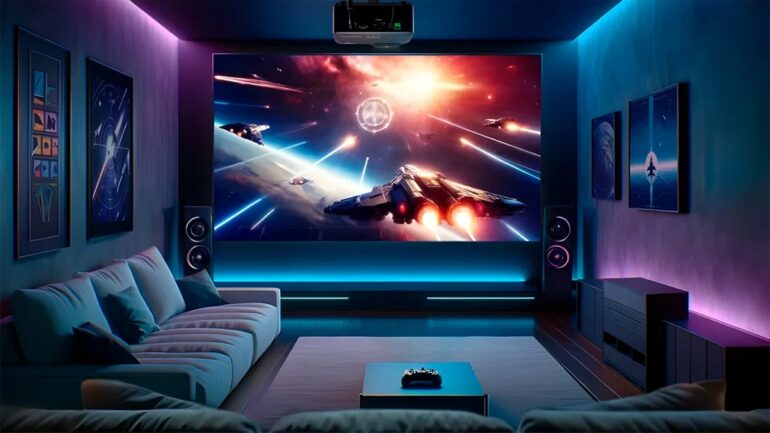 Viewsonic unveils V57-4K Laser Home Cinema Projector 12 5.1 home theater receiver connected to HDMI sources, five speakers, and a powered subwoofer in a home cinema room