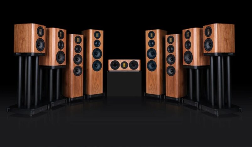 The Wharfedale EVO 5 series will launch in June, featuring finishes in matte black, matte white, matte grey, or walnut veneer.