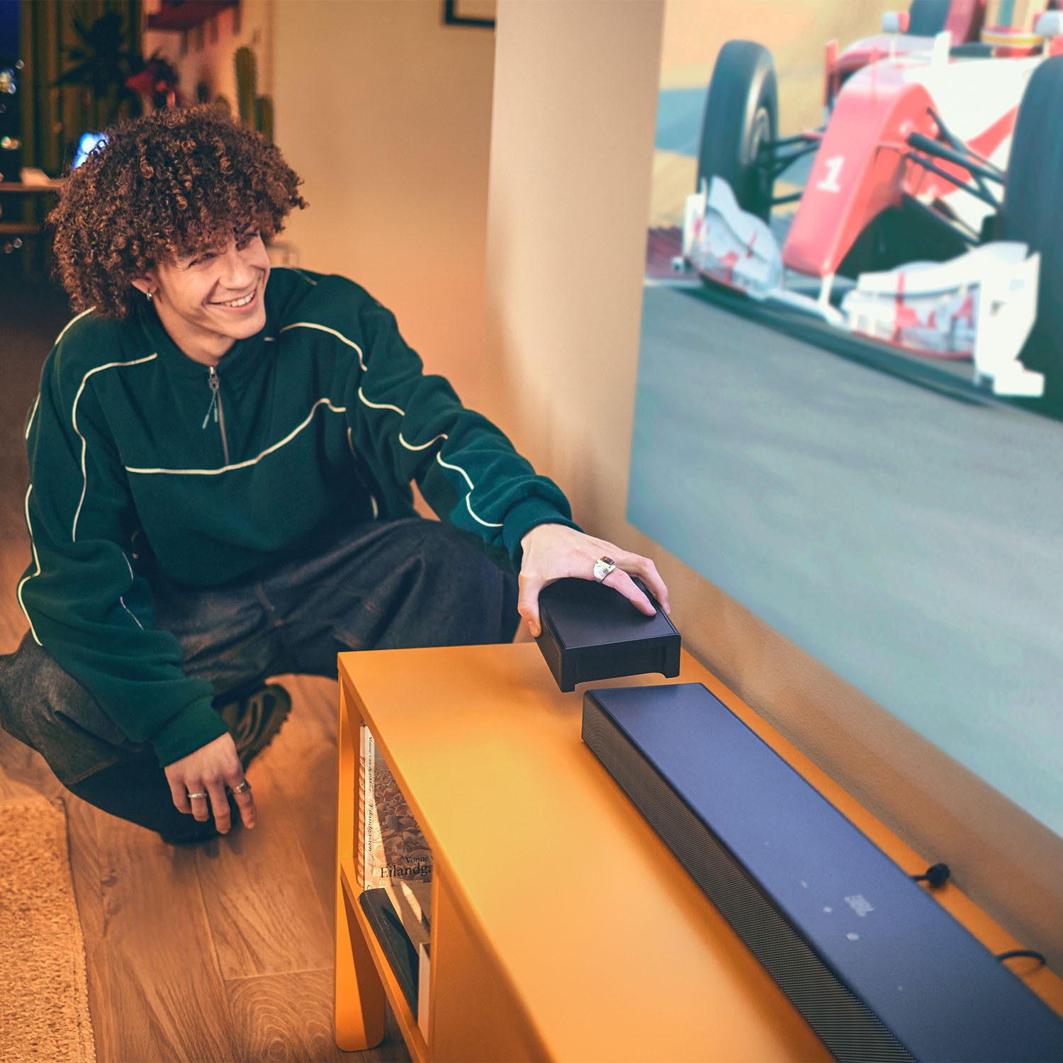 The included wireless 10” subwoofer provides the deep bass, so you can also feel movie effects and explosions in your diaphragm. 