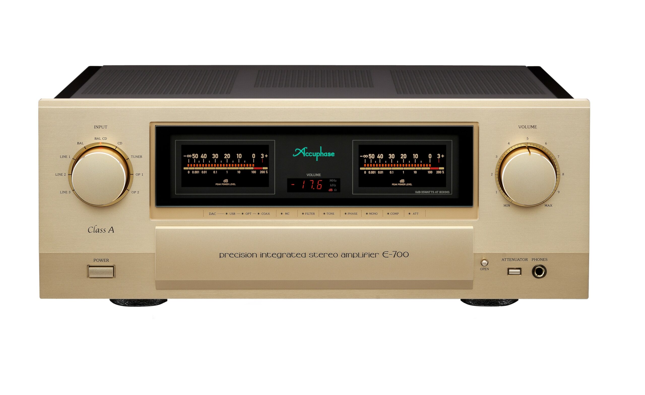 The Accuphase E-700 integrated amplifier, the successor to the E-650, operates in pure Class A, using four push-pull MOSFETs per channel. This delivers 35 watts of power per channel at 8 ohm speaker impedance.