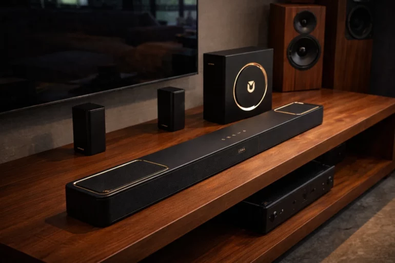 Ultimea Skywave F40 Soundbar: Affordable 5.1.2 Home Cinema Upgrade 6 The Ultimea Skywave F40 is an affordable 5.1.2 soundbar system with wireless rear speakers, a dedicated subwoofer, HDMI eARC, Bluetooth, and immersive home theater sound on a budget.