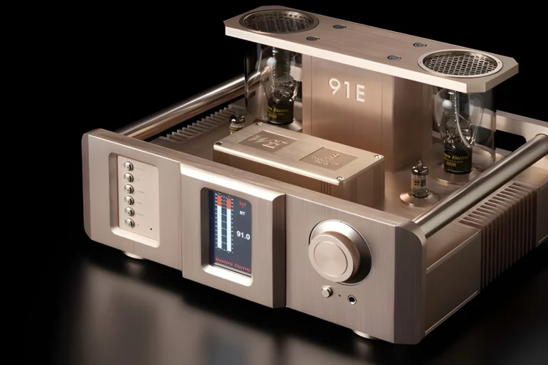 Western Electric Type 91E: The Ultimate 300B Integrated Tube Amplifier Reborn 9 Preamplifier connected to sources, a power amplifier, active speakers, and a subwoofer in a hi-fi amplifier system
