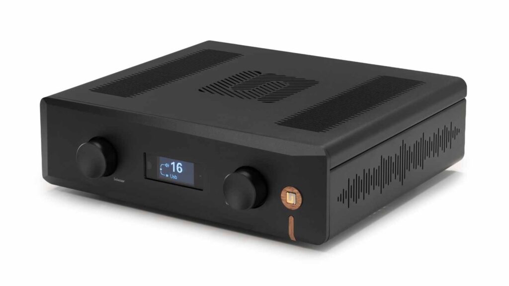 Integrated hi-fi amplifier connected to stereo speakers with speaker cables for amplifier matching setup