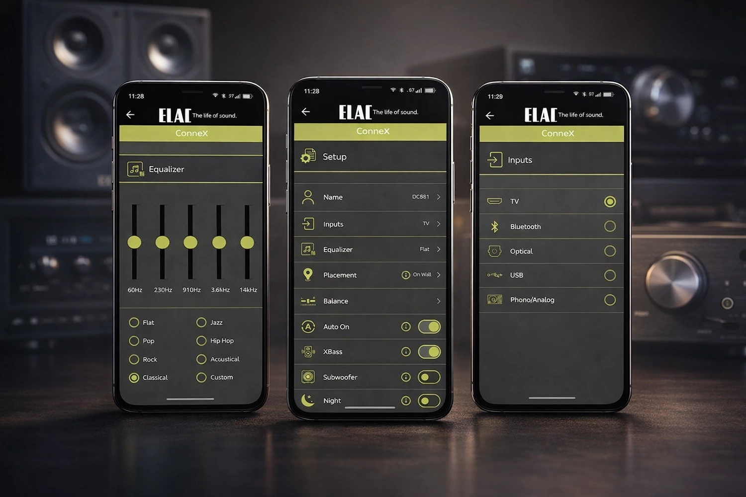 This ecosystem can be controlled in three ways: with the included compact infrared remote control, by rotating the multi-function knob on the rear panel, or via the ELAC ConneX App for smartphones. The app provides access to advanced settings, including selecting an acoustic profile for speaker placement, fine-tuning the 5-band equalizer, activating Night Mode, and controlling XBass technology.