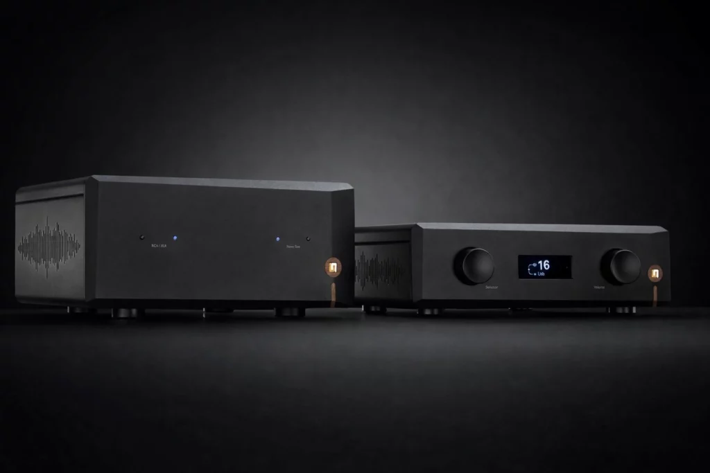 Integrated hi-fi amplifier connected to stereo speakers with speaker cables for amplifier matching setup