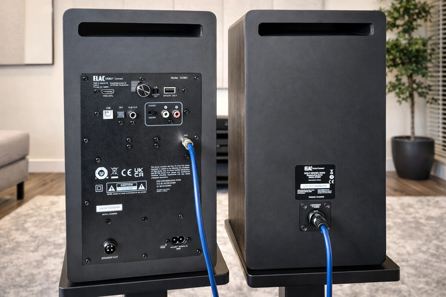 The ELAC DCB61 is a true powerhouse. On the rear panel of the master speaker, you'll find a wide range of connections. The key one is HDMI eARC, which allows you to connect your TV with a single cable, delivering not only high-quality sound with automatic volume control via the TV remote, but also built-in Dolby Digital decoding for a cinematic experience.