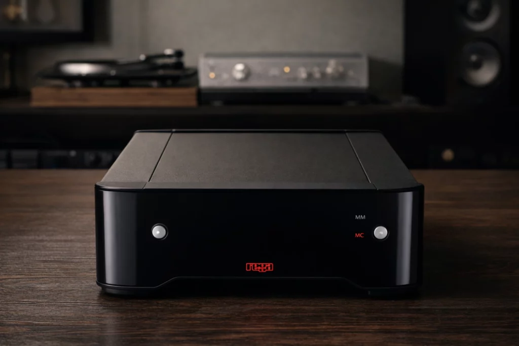 Rega Aria is a premium MM/MC phono preamp with fully discrete circuitry, adjustable MC loading, and ultra-low noise performance—delivering rich, balanced analog sound in a compact half-width design.