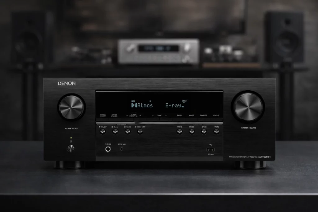 Best AV Receivers Compared: Denon, Arcam, Block and Marantz 8 Dolby Atmos home cinema speaker layout connected to an AV receiver with TV and subwoofer