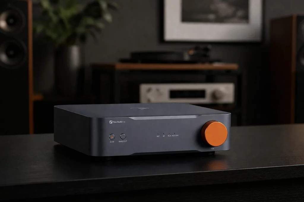 Five Network Players Compared: Which Streamer Fits Your System? 9 Compact music streamer connected to an existing stereo amplifier for hi-fi music streaming