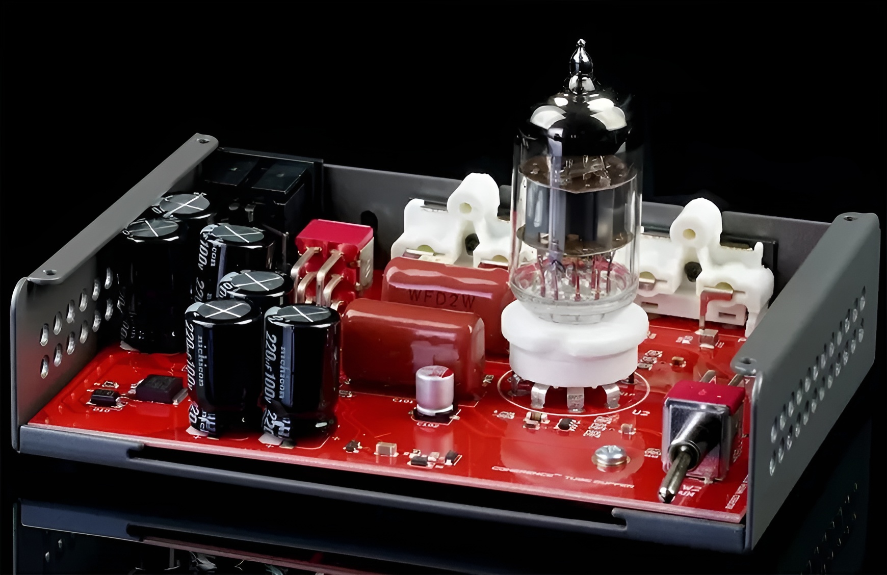 Close-up of the Schiit Buf tube stage featuring high-voltage operation and minimalist analog design