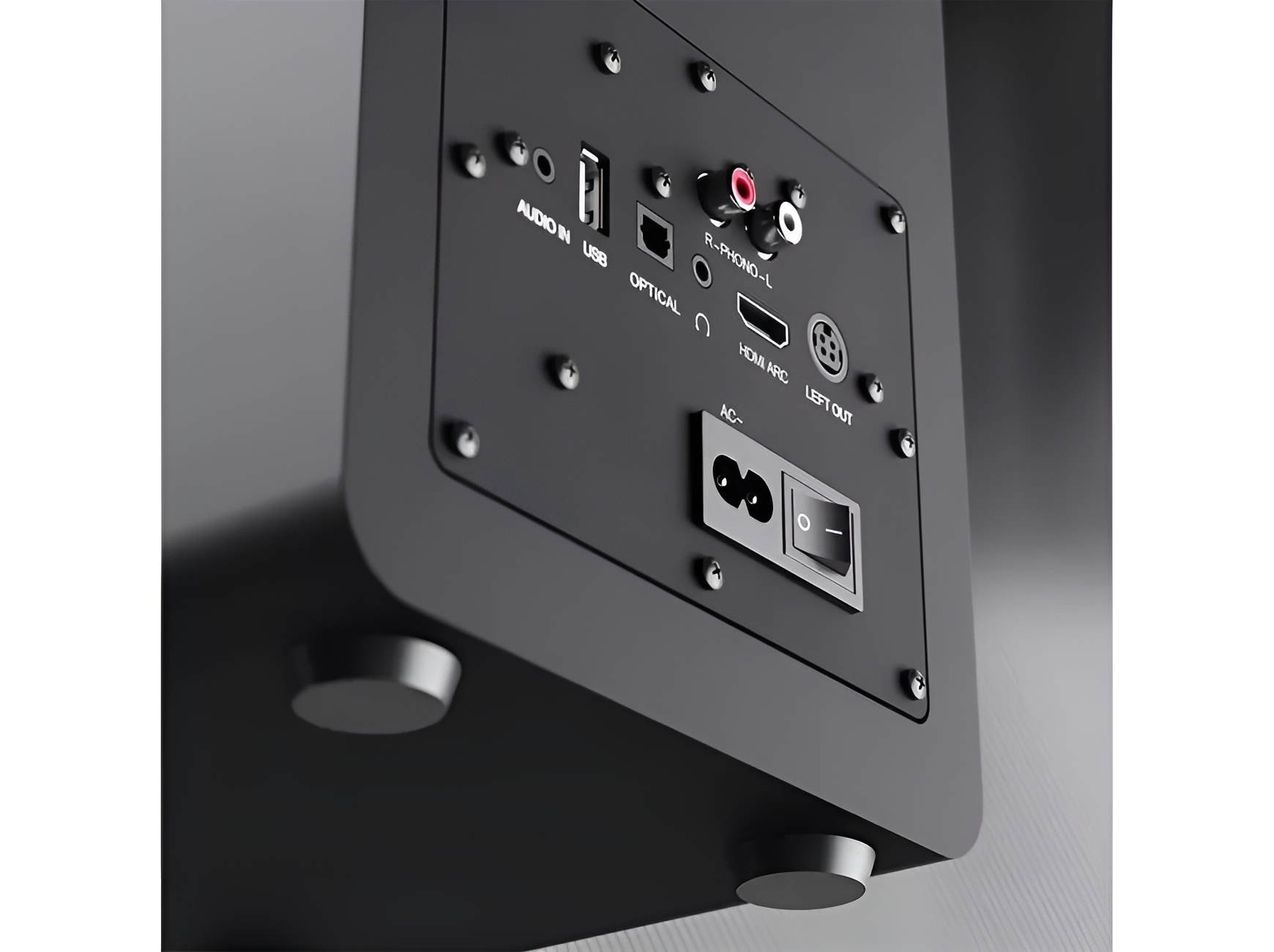 Rear panel of the Majority D100X showing HDMI ARC, optical, RCA, AUX and dedicated phono input