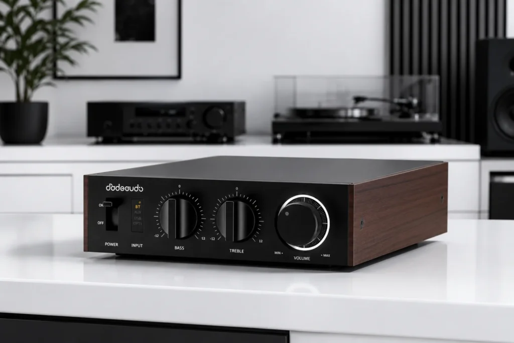 FiiO Jade Audio LEVEL 1 delivers up to 600W of Class D power in a compact design with TPA3255, LDAC Bluetooth, app-based EQ, and subwoofer output for modern hi-fi setups.