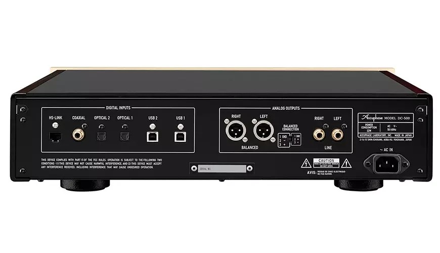 The Accuphase DC-500 processor's connectivity includes coaxial, optical, and USB Type-B inputs, as well as balanced and unbalanced analog outputs.