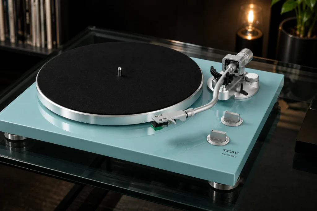 TEAC unveils a stunning Turquoise Blue TN-400BTX turntable with Bluetooth aptX Adaptive, built-in phono stage, and ready-to-play cartridge—vinyl meets modern hi-fi.