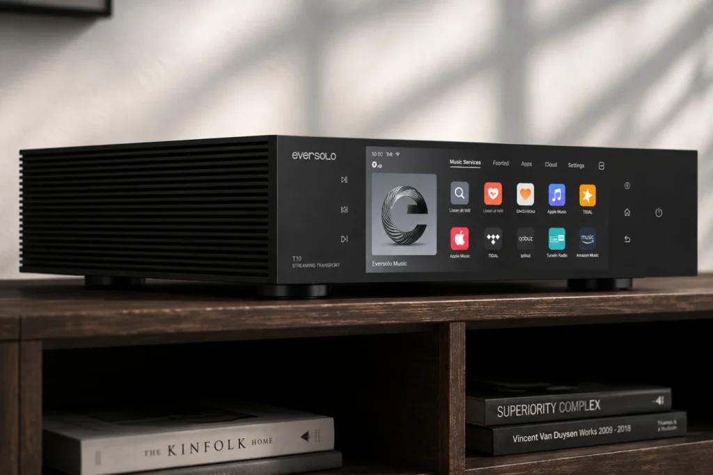 The Eversolo T10 flagship network transport combines OCXO clock technology, 2.5Gb Ethernet, Wi-Fi 6, optical SFP connectivity, dual M.2 SSD support, EvoTune Pro DSP, and high-resolution audio playback up to DSD512 and 32-bit/768kHz PCM.
