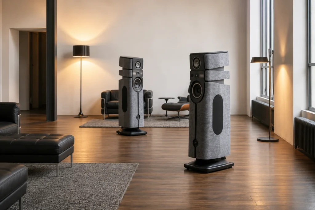 Bookshelf speakers on stands and floorstanding speakers positioned in a listening room for stereo imaging and bass balance