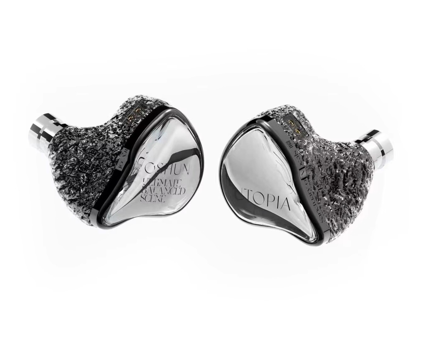 The housings are crafted from 6063 aluminum alloy. The outer panels feature a textured, meteorite-like surface, electroplated paint, and a transparent protective coating. 