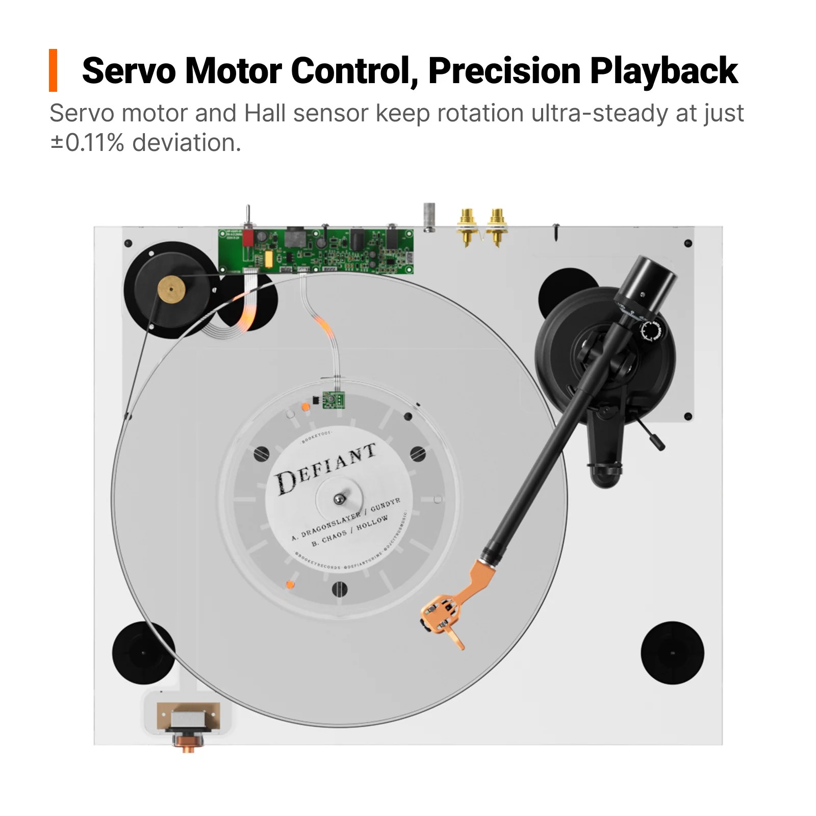 Fosi Audio LUNA 3: Pure Analog Turntable with VM95E Cartridge 9 A Hall-effect sensor-controlled servo motor ensures rotational stability, and the rear panel features an RCA output, ground, speed control jack, 12V trigger out, and a separate auto stop switch.
