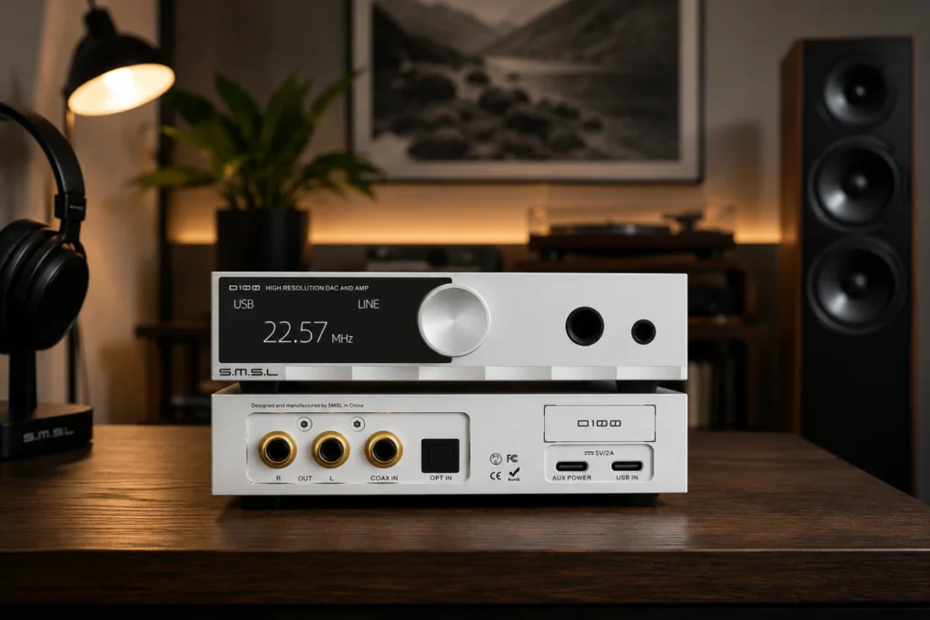 Five DACs Compared: Which Desktop Converter Fits Your System? 11 The SMSL D100 combines a desktop USB DAC, line-level RCA output and balanced headphone amplifier in a CNC-machined aluminum enclosure.