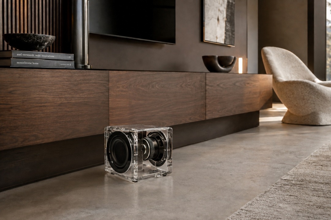 Velodyne MiniVee X Acryl Turns the Compact Subwoofer Transparent 8 Velodyne MiniVee X Acryl transparent subwoofer with visible driver and electronics
