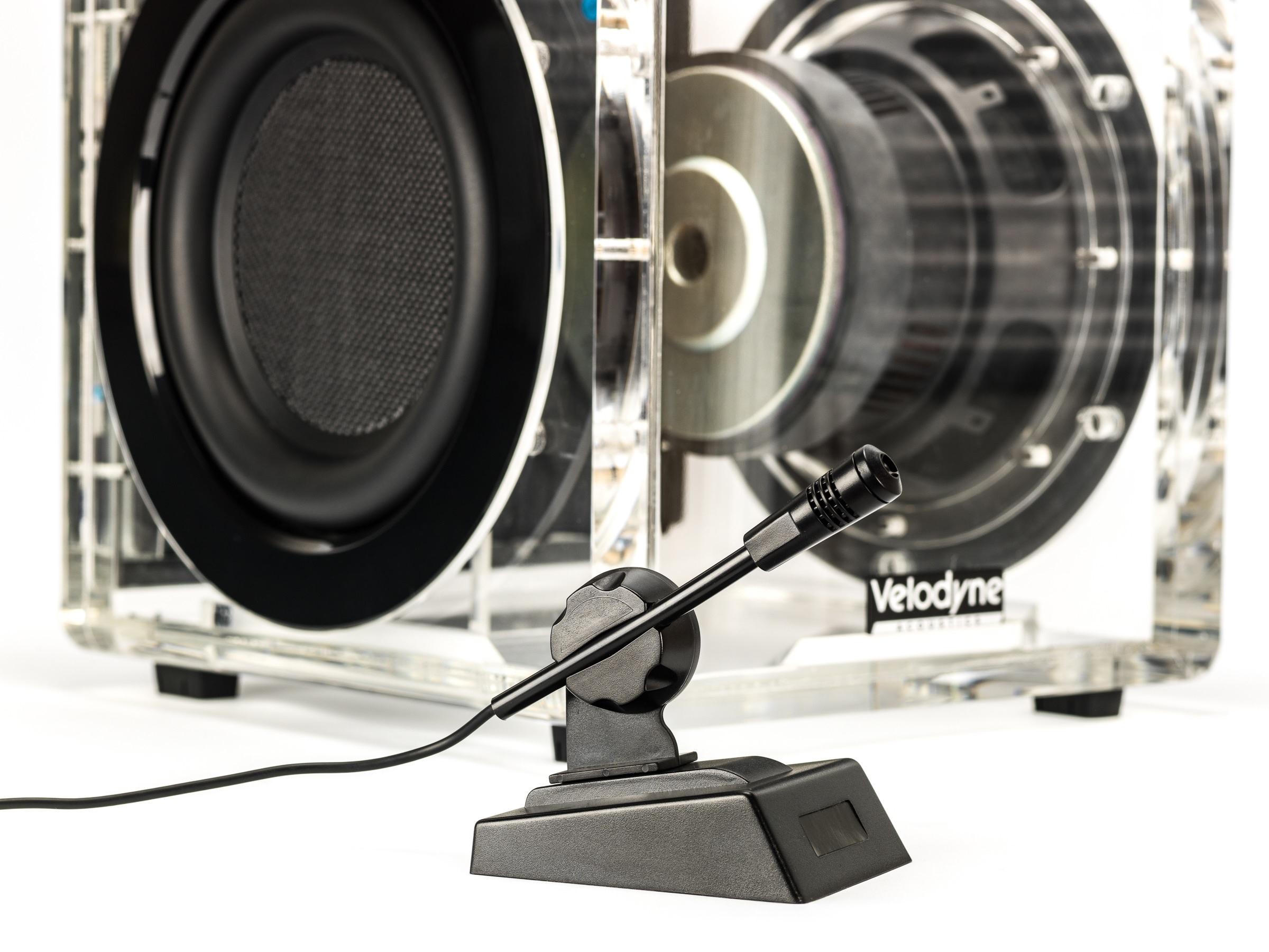 Velodyne MiniVee X Acryl Turns the Compact Subwoofer Transparent 12 Velodyne MiniVee X Acryl transparent subwoofer with visible driver and electronics