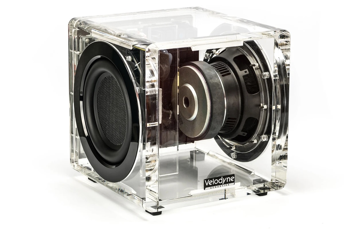 Velodyne MiniVee X Acryl Turns the Compact Subwoofer Transparent 10 Velodyne MiniVee X Acryl transparent subwoofer with visible driver and electronics