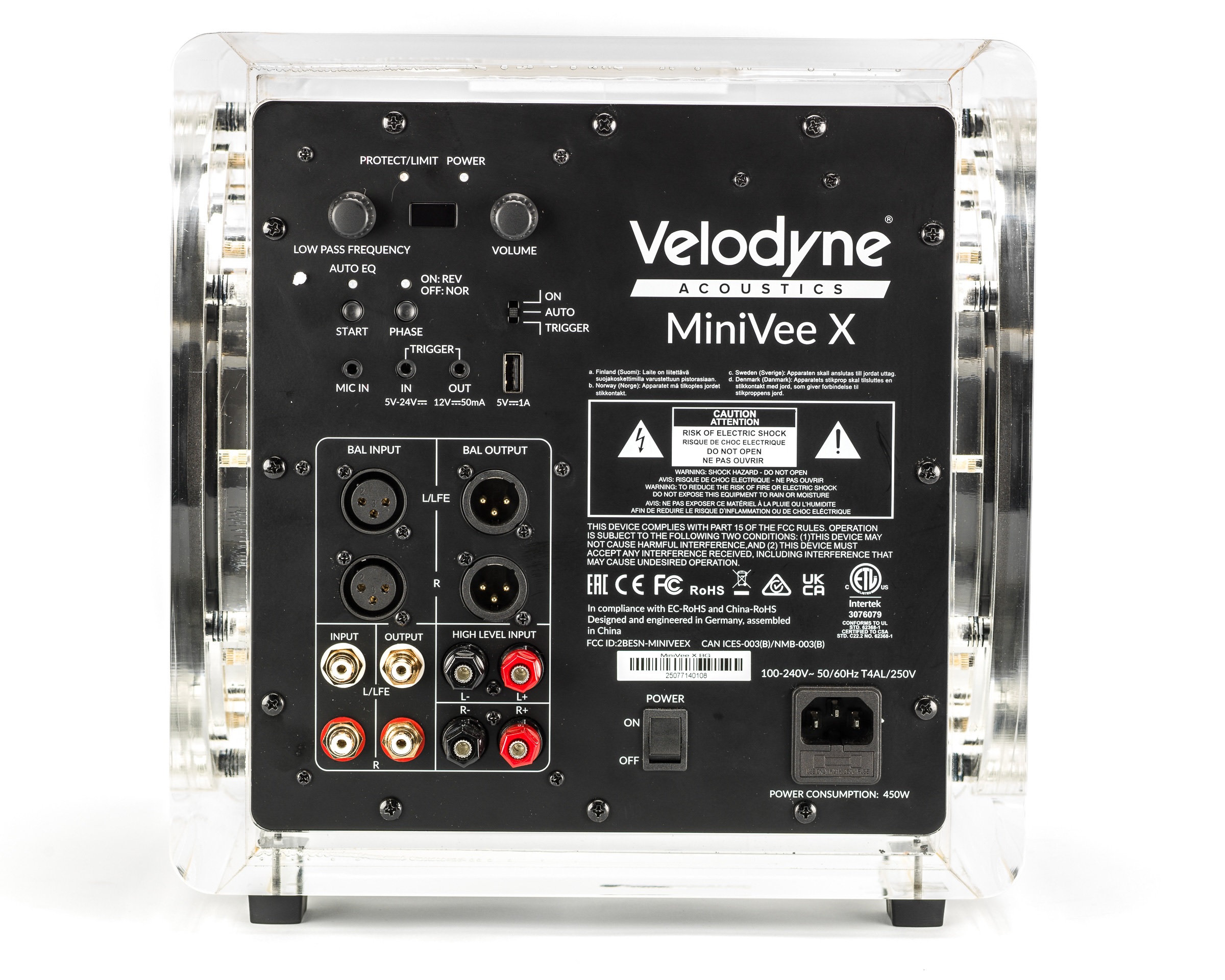 Velodyne MiniVee X Acryl Turns the Compact Subwoofer Transparent 11 Velodyne MiniVee X Acryl transparent subwoofer with visible driver and electronics
