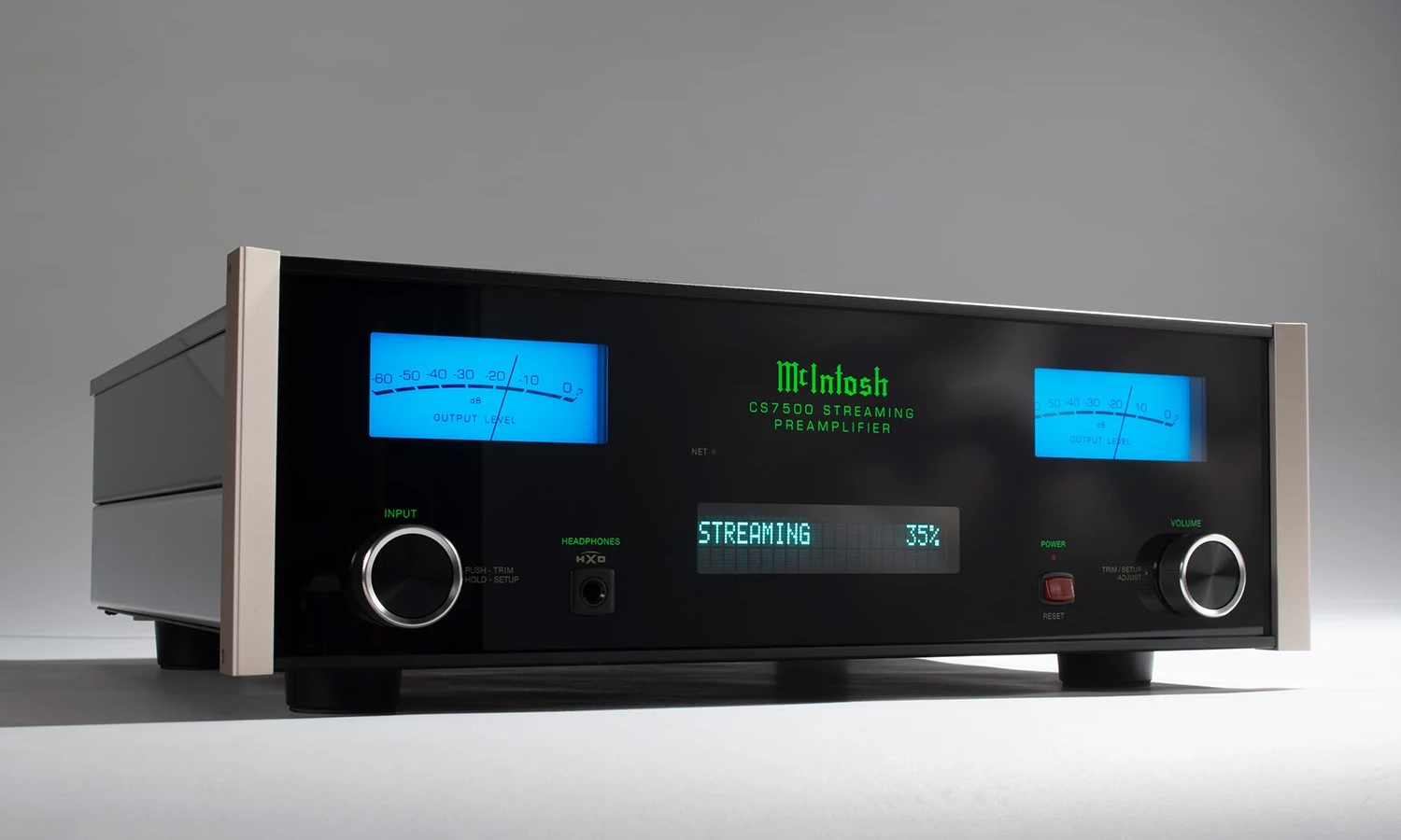 McIntosh CS7500 Preamplifier Blends Classic Meters With Modern Streaming 10 McIntosh CS7500 two-channel preamplifier with blue VU meters and black glass front panel