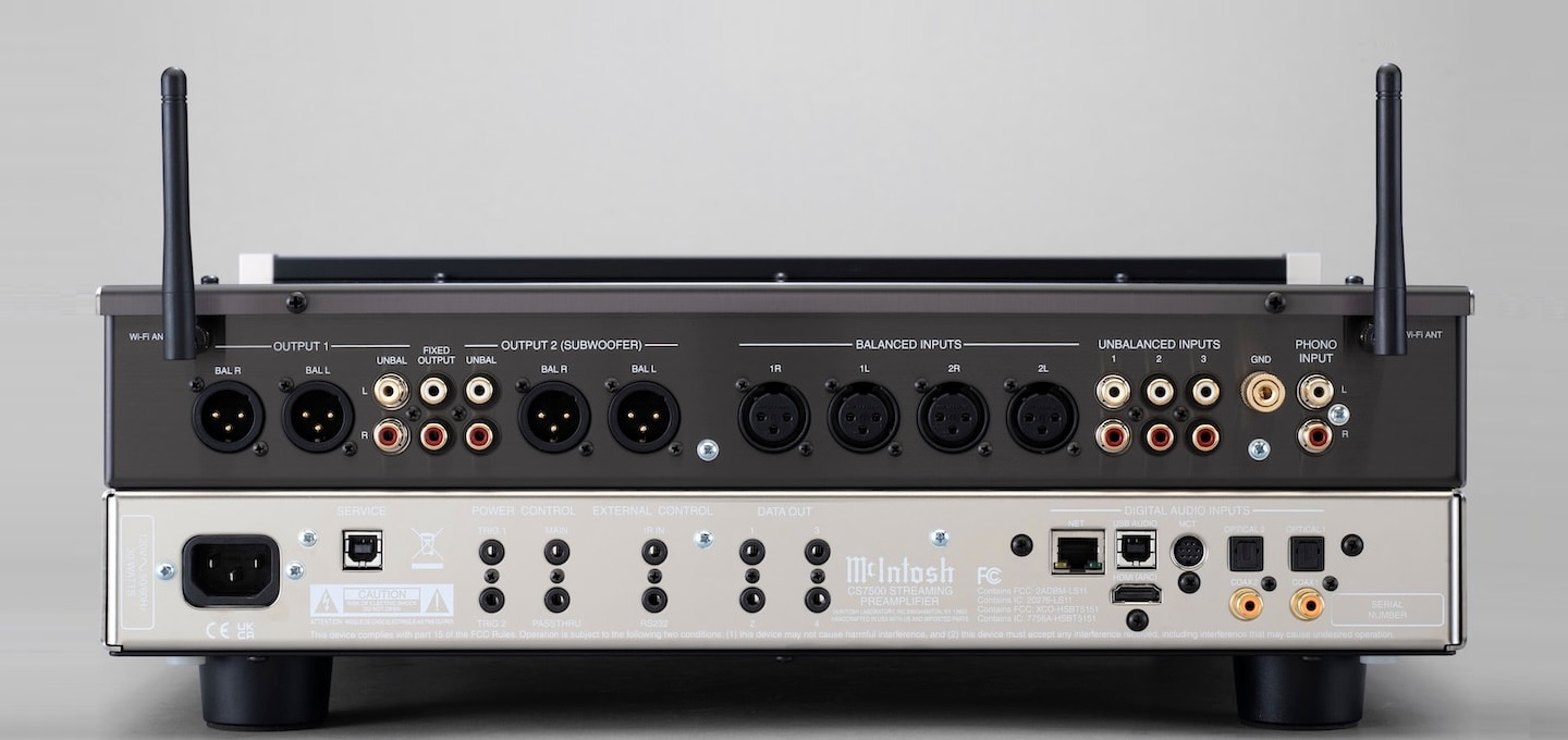 McIntosh CS7500 Preamplifier Blends Classic Meters With Modern Streaming 9 McIntosh CS7500 two-channel preamplifier with blue VU meters and black glass front panel