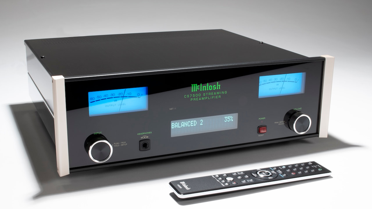 McIntosh CS7500 Preamplifier Blends Classic Meters With Modern Streaming 8 McIntosh CS7500 two-channel preamplifier with blue VU meters and black glass front panel