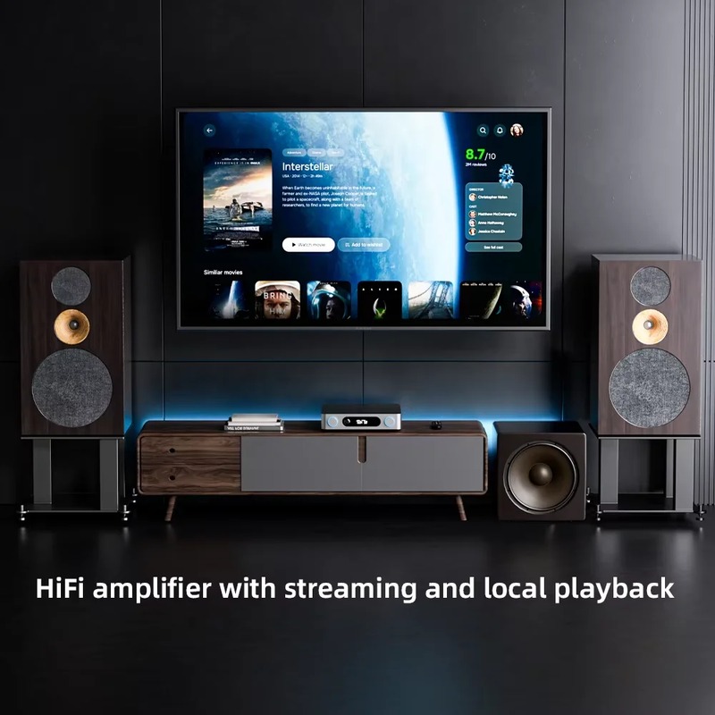 Gigabit Ethernet and dual-band 2.4/5 GHz WiFi are available for networking. The wired connection is suitable for permanent installation, while WiFi allows for flexible placement. The device can be controlled via a remote control or an app.