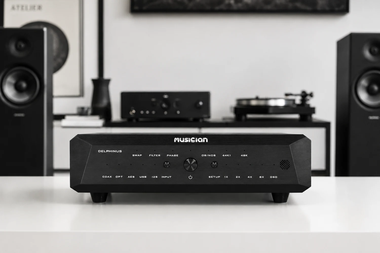 The Musician Delphinus is a desktop digital-to-analog converter built around a discrete R-2R resistor ladder, with selectable OS and NOS operation, dedicated DSD processing and five digital inputs.