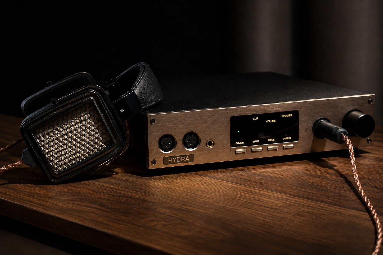 The HYDRA amplifier features one balanced XLR input and two unbalanced RCA inputs. The volume control can be bypassed if needed when connecting an external preamp or source with an adjustable output. Gain is 20 dB, with a claimed THD+N of 0.0016% at 1 kHz and a power rating of 10 watts into 8 ohms.
