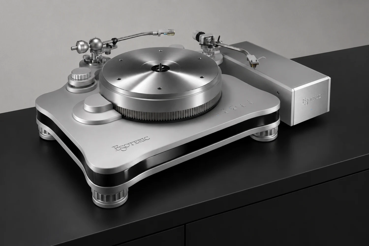 The Esoteric T-01 adapts technology from the Grandioso T1 into a smaller 35-kilogram turntable with contactless magnetic drive and support for two tonearms.