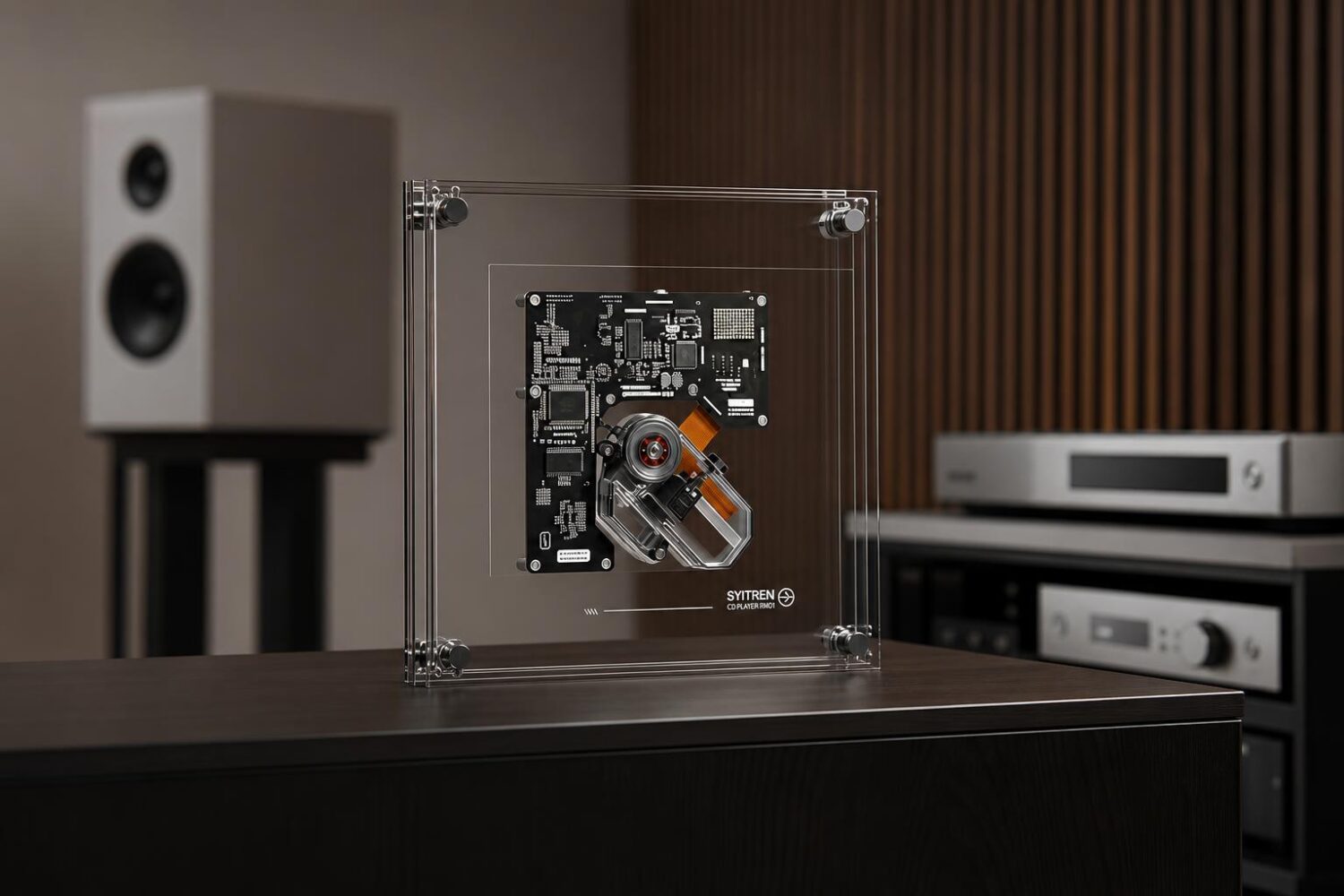 SYITREN RM1 transparent acrylic CD player showing its disc and internal optical mechanism